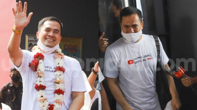 Ekspresi bahagia Pedangdut Saipul Jamil saat meninggalkan Lembaga Permasyarakatan Cipinang, Jakarta Timur, Kamis (2/9/2021). [Sheralot.com/Alfian Winanto]